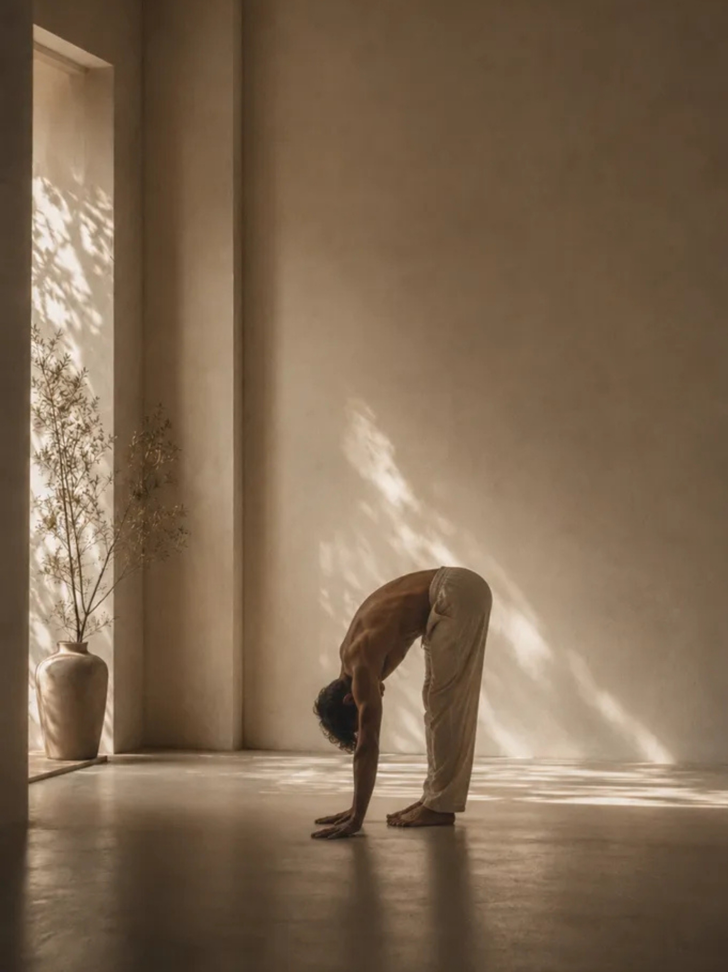 A body folding forward in warm light